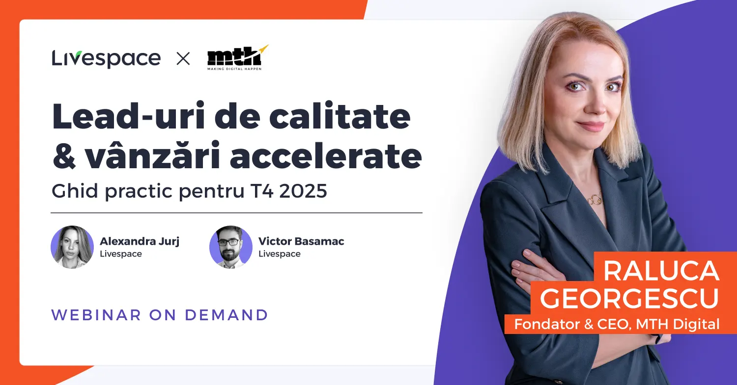 Copertă webinar on-demand Livespace × MTH Digital „Lead-uri de calitate & vânzări accelerate”, cu portretele Alexandrei Jurj, lui Victor Basamac și Ralucăi Georgescu