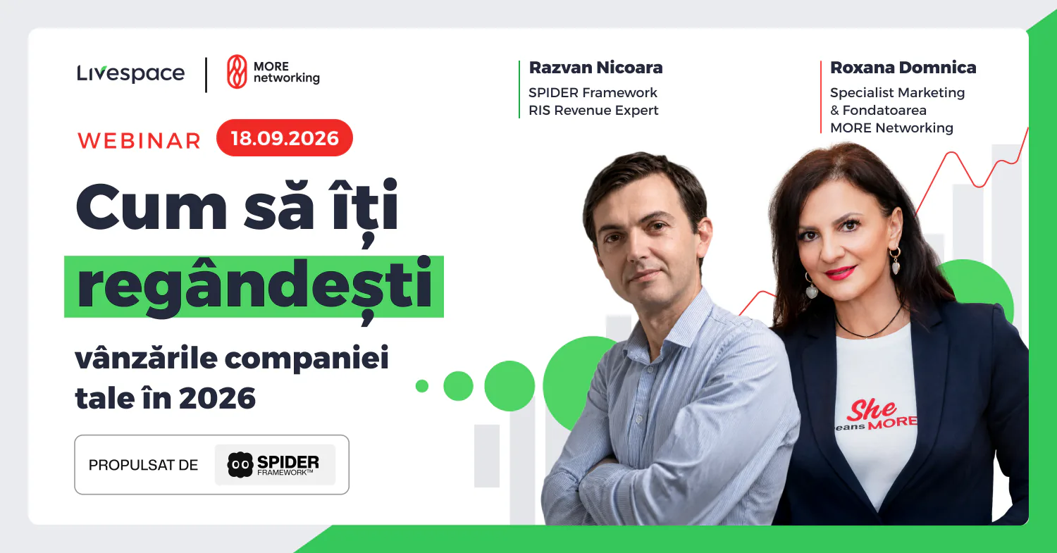 Cover webinar Livespace și MORE Networking din 18.09.2026 — Cum să îți regândești vânzările companiei tale în 2026, cu Răzvan Nicoară și Roxana Domnica