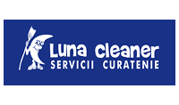 Logo 'Luna cleaner - Servicii curatenie' na niebieskim tle z symbolem postaci z miotla. Rumunska firma sprzatajaca.