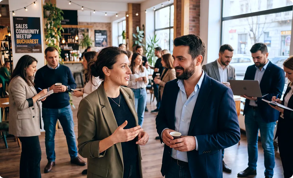 Doi participanți discutând cu o cafea în mână la un eveniment de networking pentru vânzări B2B organizat de Livespace la București