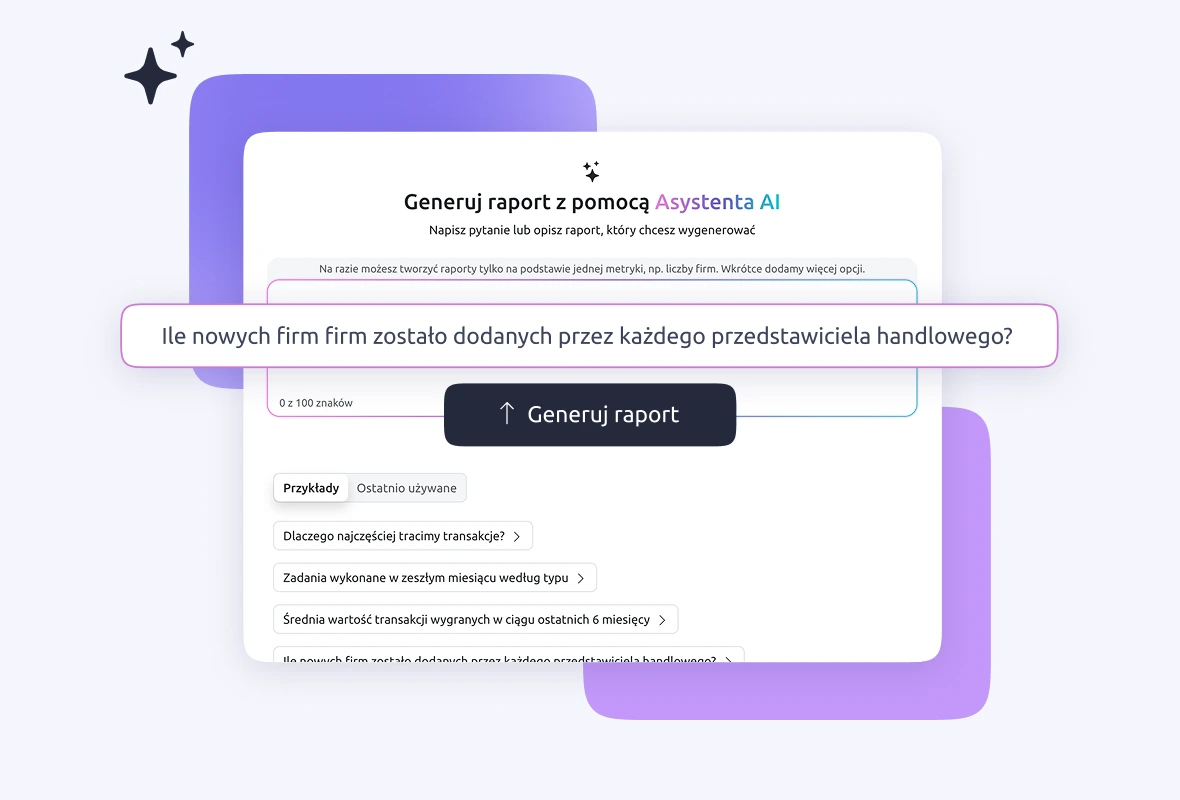Generator raportów w Livespace: pole „Generuj raport z pomocą Asystenta AI“ z przykładowym pytaniem o dane z CRM