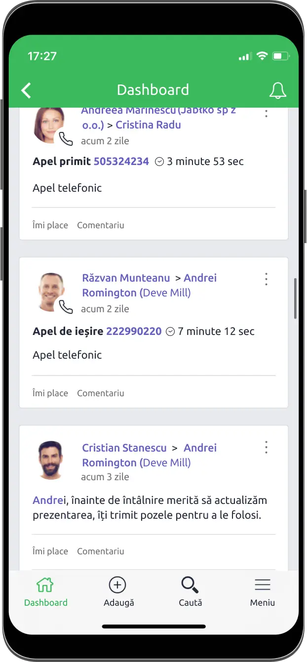Aplicație mobilă a sistemului CRM pe smartphone pentru munca în teren