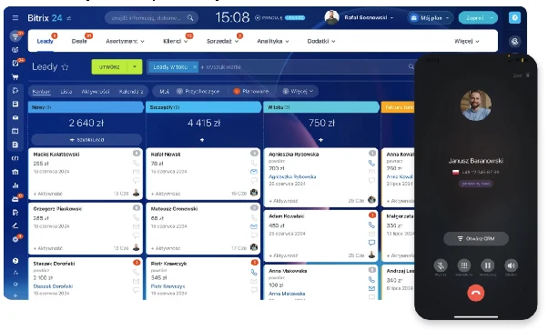 Bitrix24 – tablica Kanban z leadami podzielonymi na etapy i wartościami szans, a obok ekran połączenia telefonicznego z kartą kontaktu