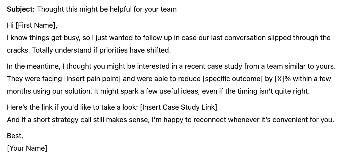 ChatGPT prompts for sales; an example of a follow-up email to a lead that went silent