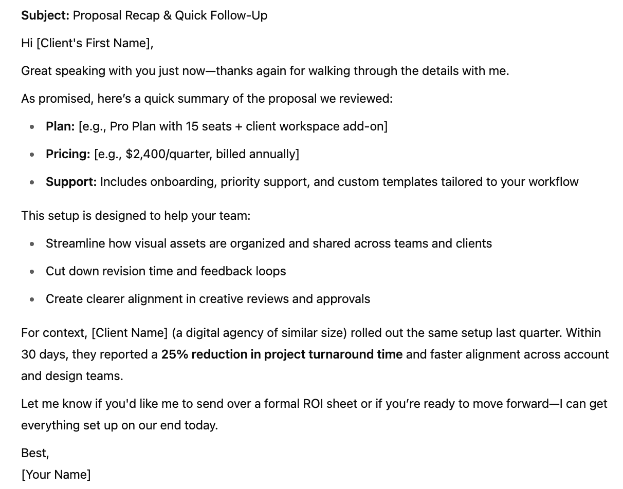 ChatGPT prompts for sales; an example of a proposal summary email for a lead that’s nearly ready to buy
