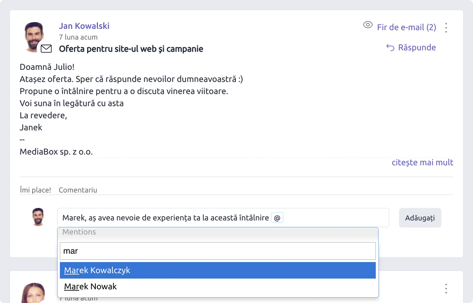 Comunicarea internă a echipei în sistemul CRM prin mențiuni și comentarii
