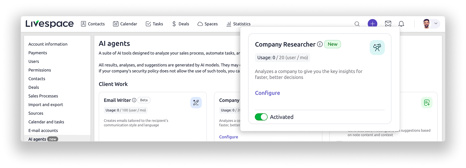 Livespace Account Settings: the AI Agents section with the Company Researcher tab