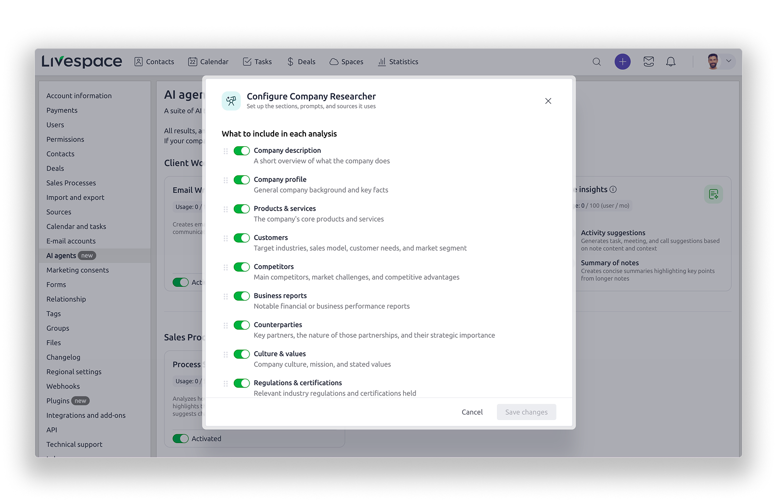 List of built-in sections of the Company Researcher that can be turned on or off