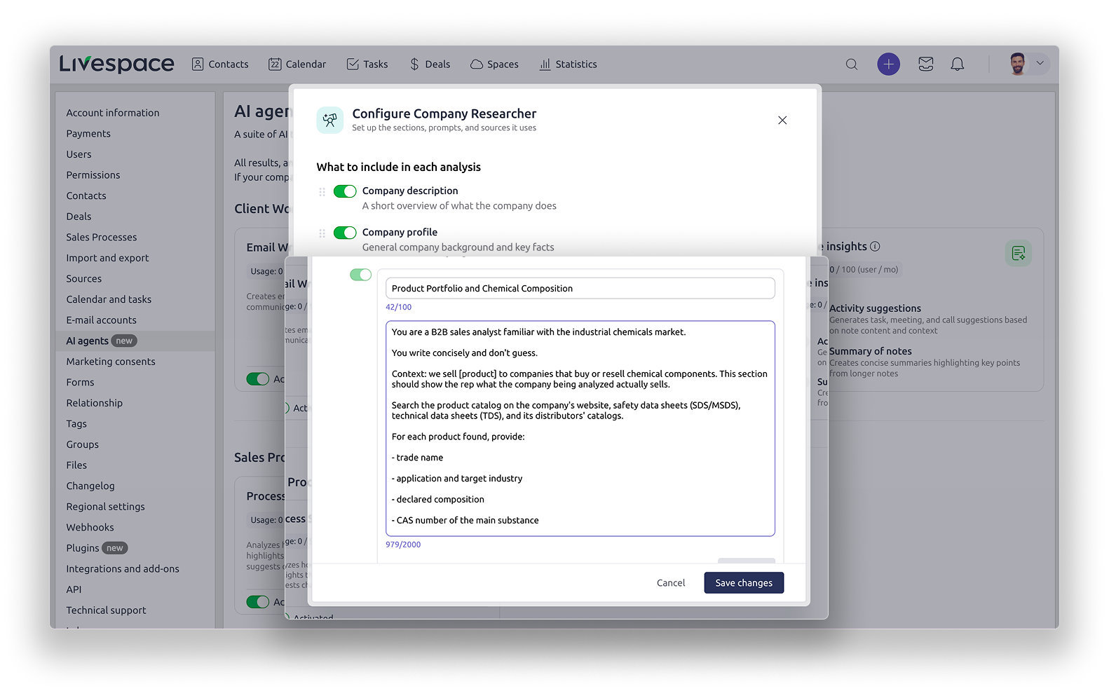 Custom section form in the Company Researcher with a section name and a prompt