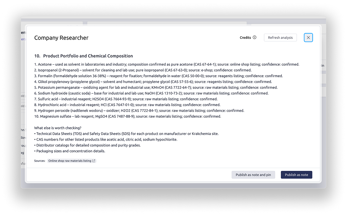 Example result of a custom section in the Company Researcher report
