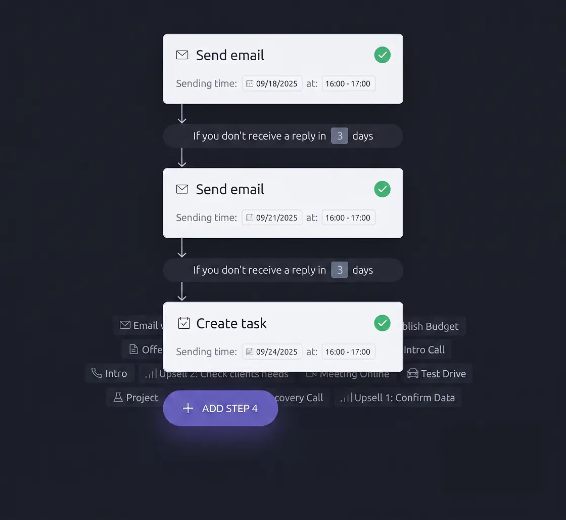 Automation setup in Livespace: send email, condition of no reply within 3 days, create task