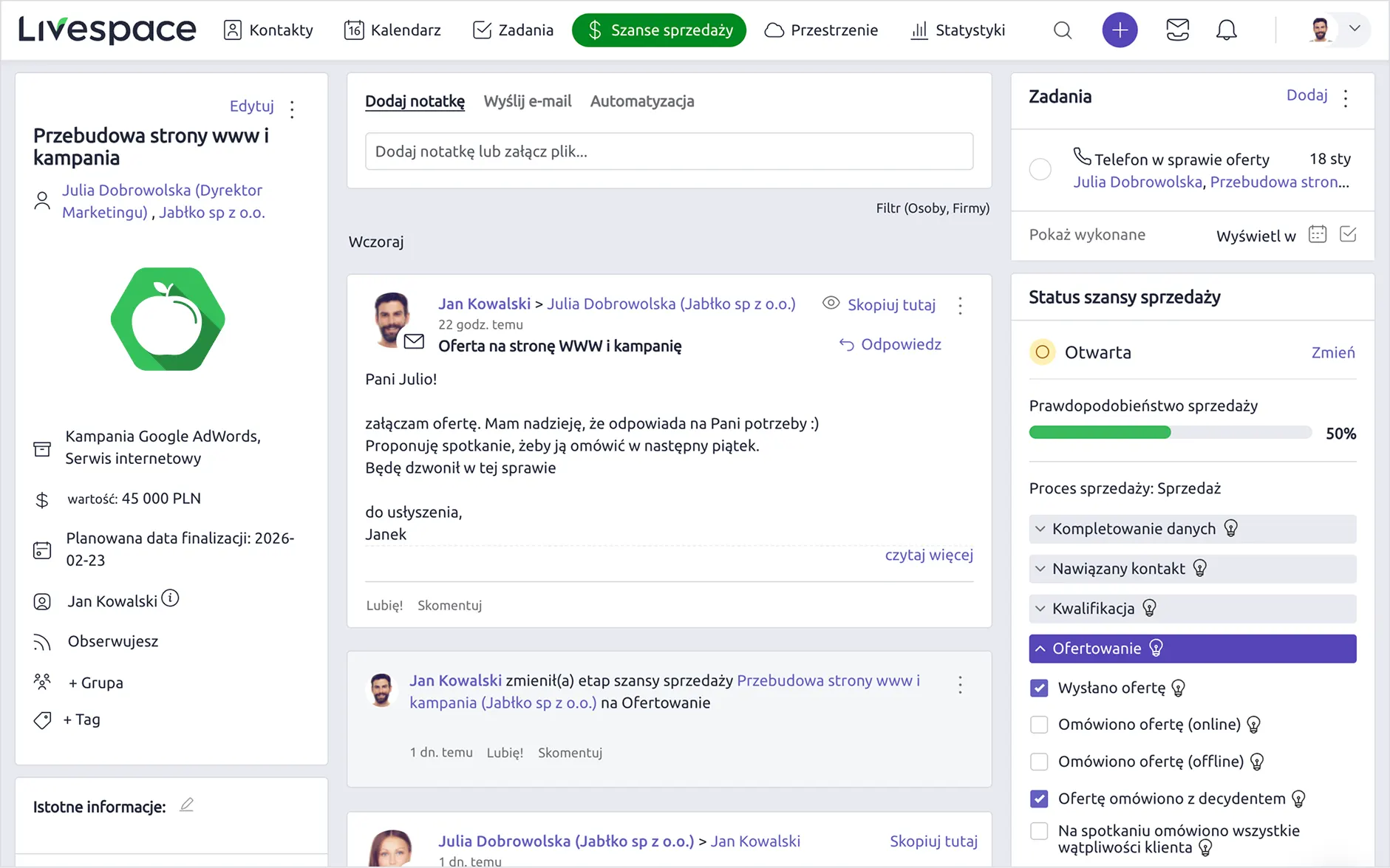 Karta szansy sprzedaży w Livespace CRM, pokazująca pełną historię komunikacji z klientem, szczegóły zlecenia oraz panel procesu sprzedaży z listą kontrolną (checklistą) zadań do wykonania.