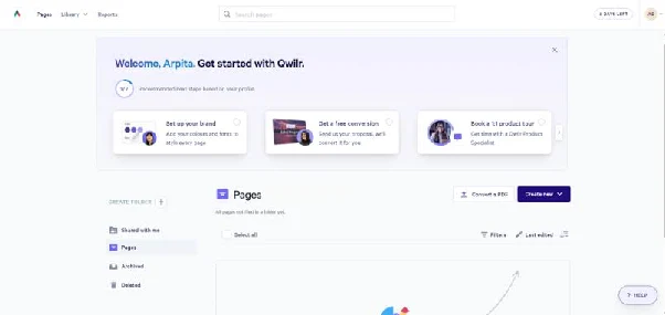 Qwilr – ekran powitalny z kafelkami pierwszych kroków oraz widok listy stron (Pages) z opcją utworzenia nowego dokumentu