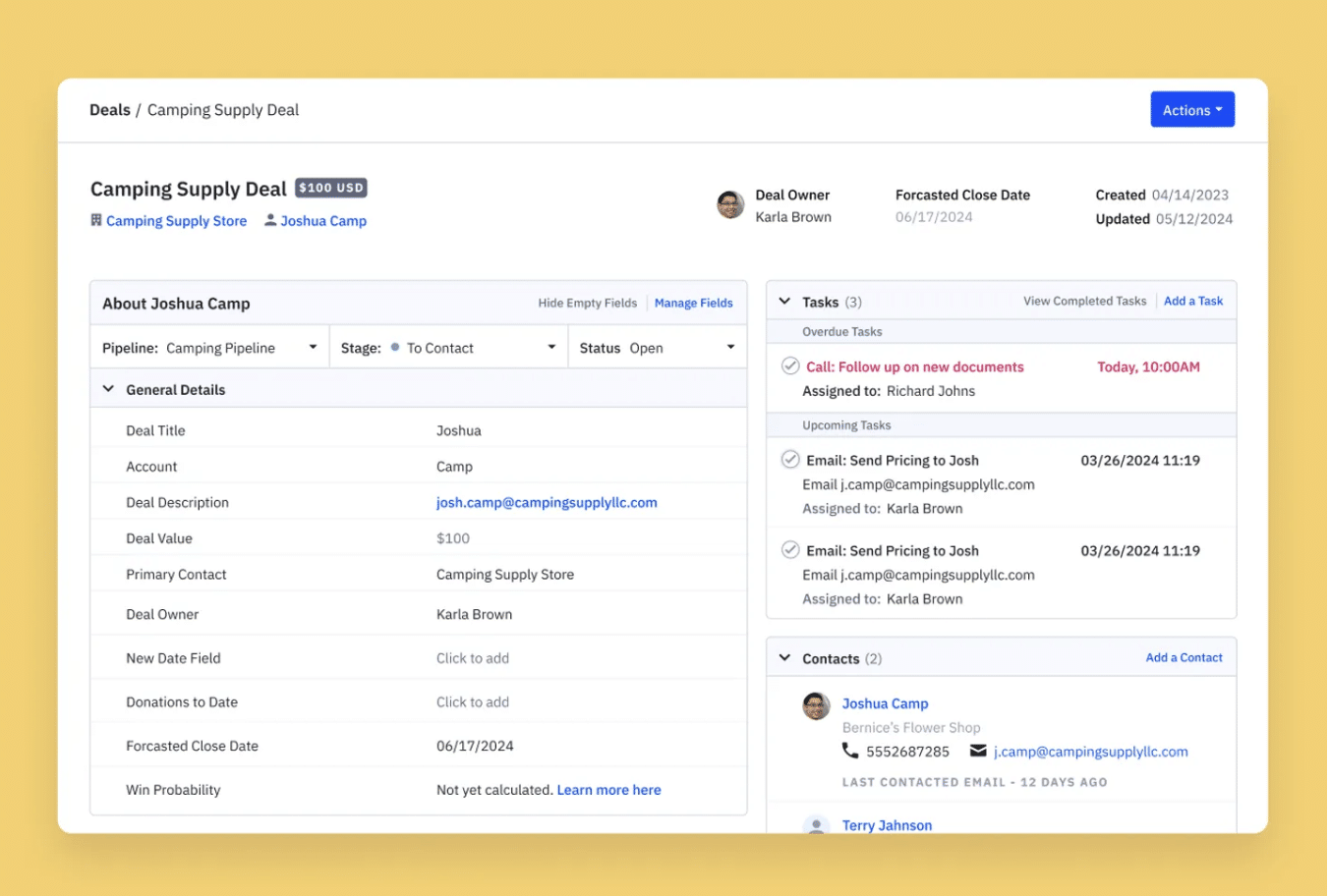 software de management al vânzărilor; un dashboard din ActiveCampaign