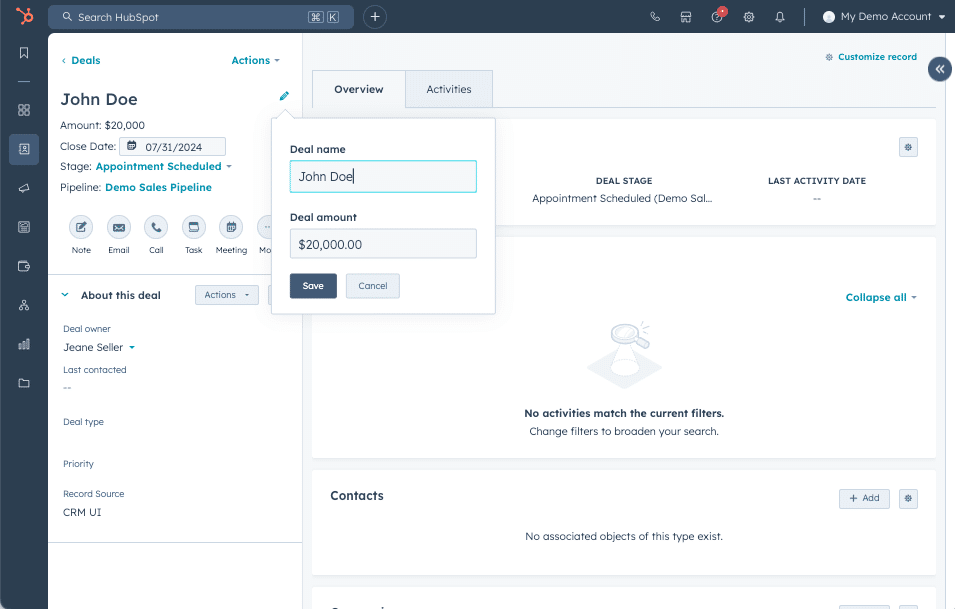 software de management al vânzărilor; exemplu din instrumentul CRM gratuit al HubSpot 