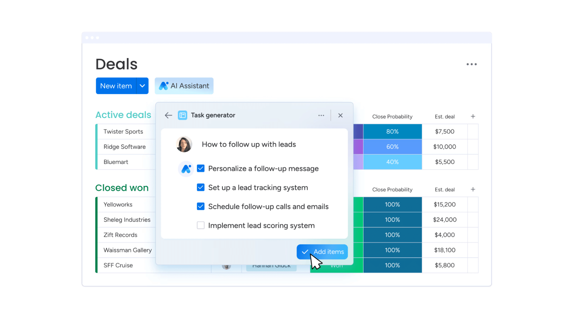 software de management al echipei de vânzări; captură de ecran din Monday CRM