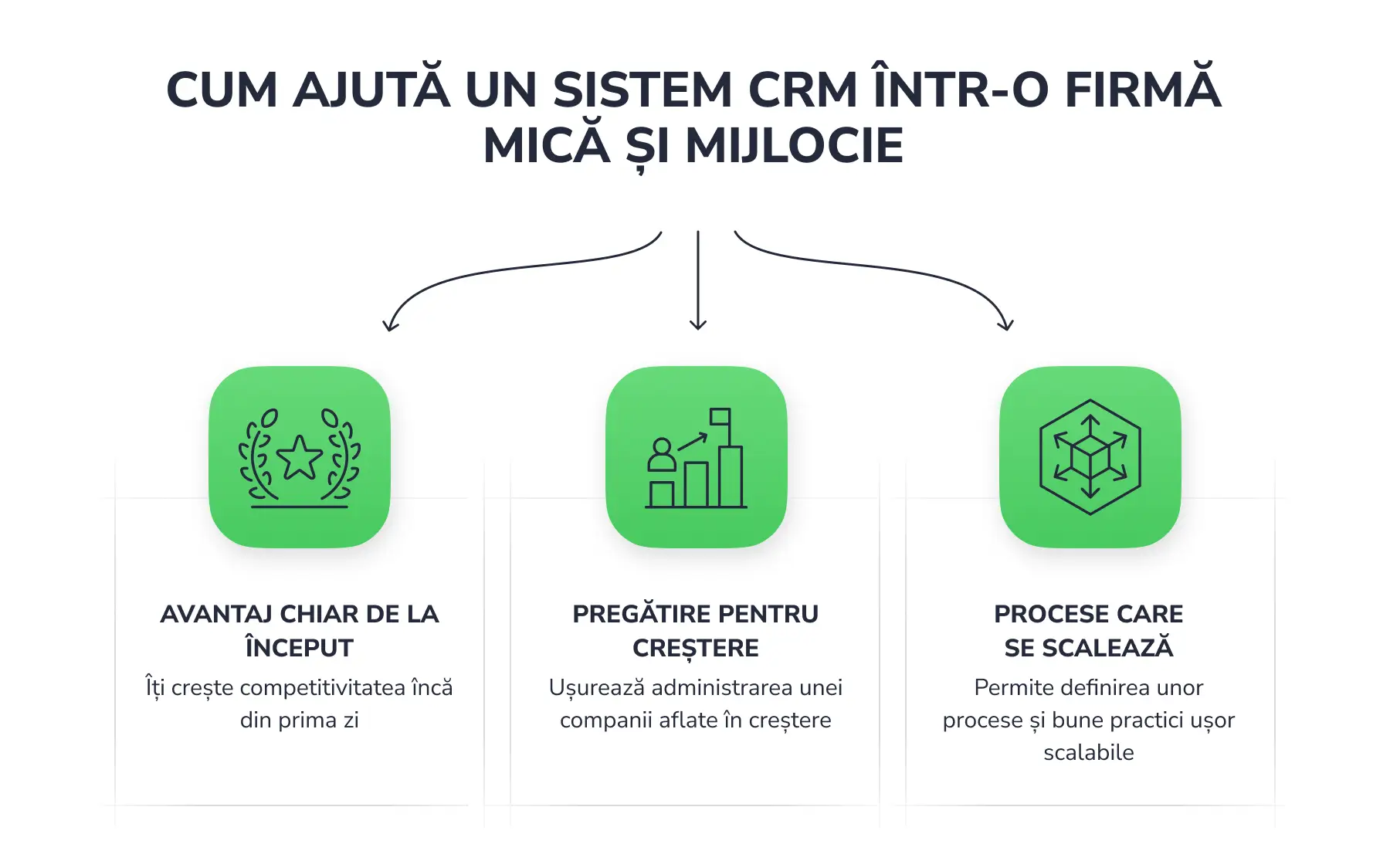 Schema beneficiilor implementării sistemului CRM în companiile mici și medii: construirea avantajului competitiv, pregătirea pentru creșterea organizației și crearea proceselor de vânzări scalabile.