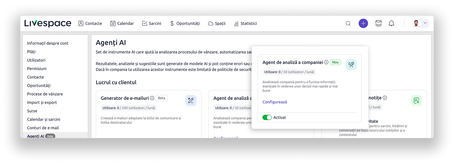 Agentul de analiză a companiei: panoul Agenți AI din Setările contului Livespace