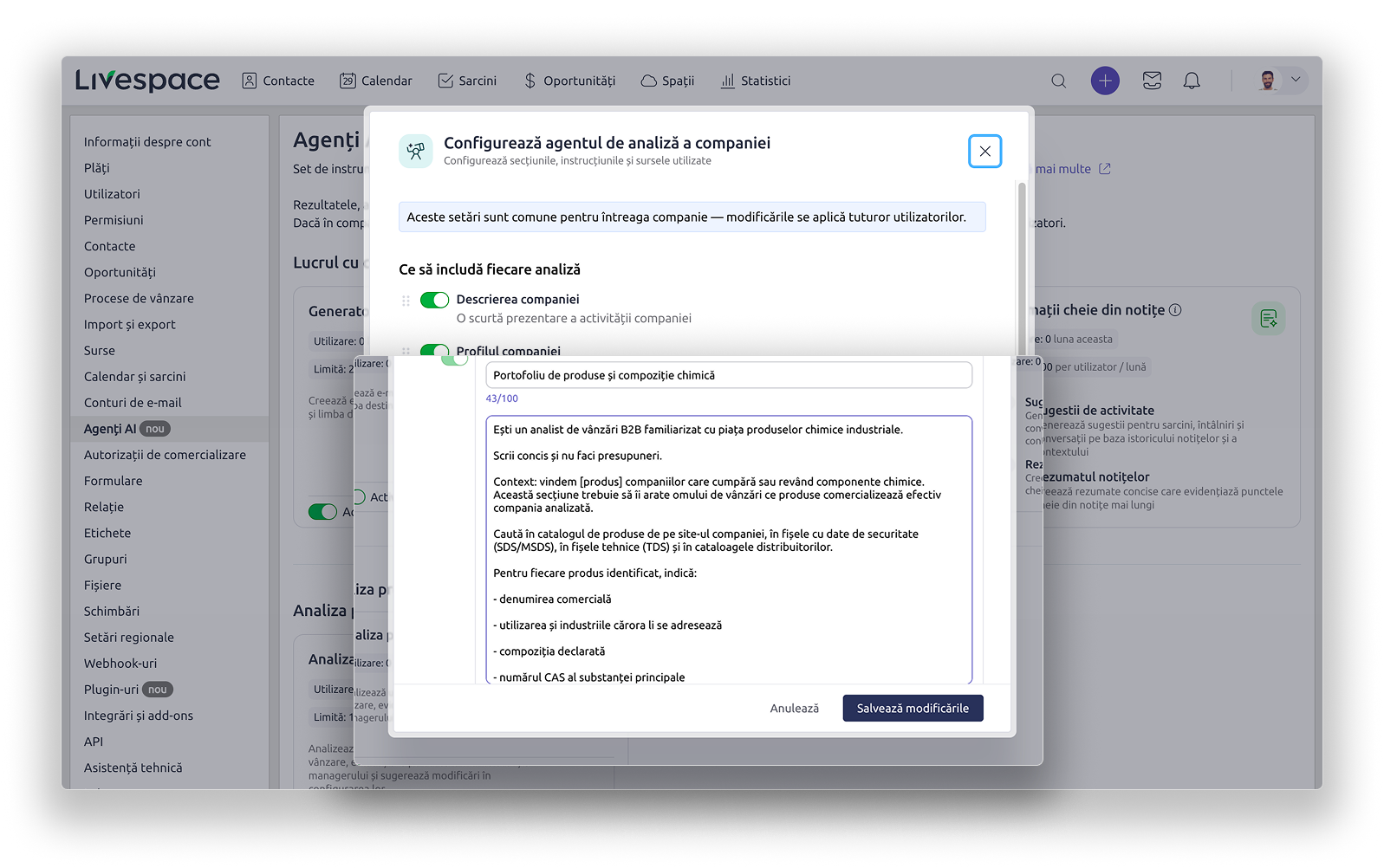 Agentul de analiză a companiei: formularul de adăugare a unei secțiuni personalizate, cu nume și prompt