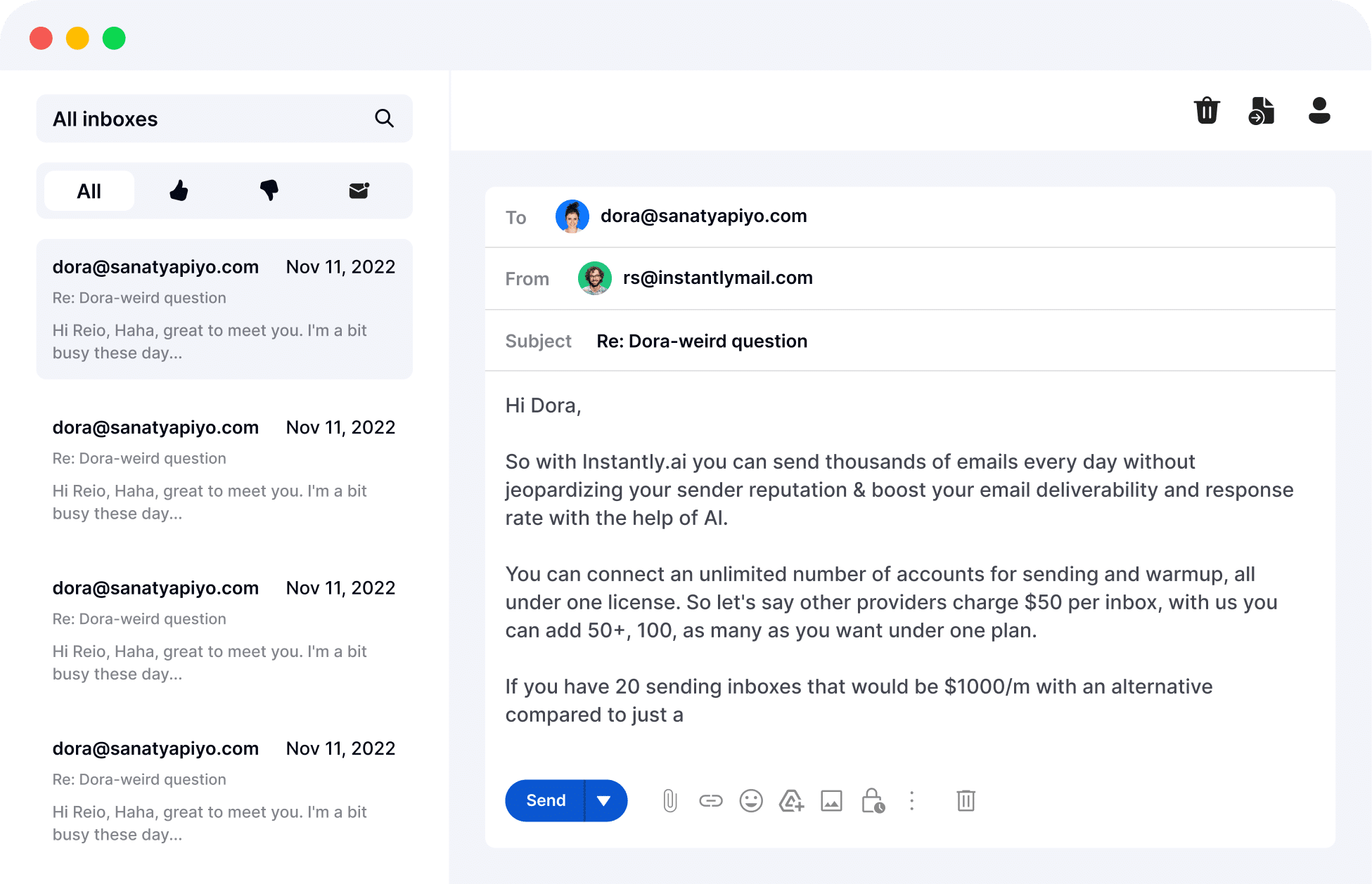 instrumente pentru managerii de vânzări; captură de ecran a unei inbox-uri partajate în Instantly CRM