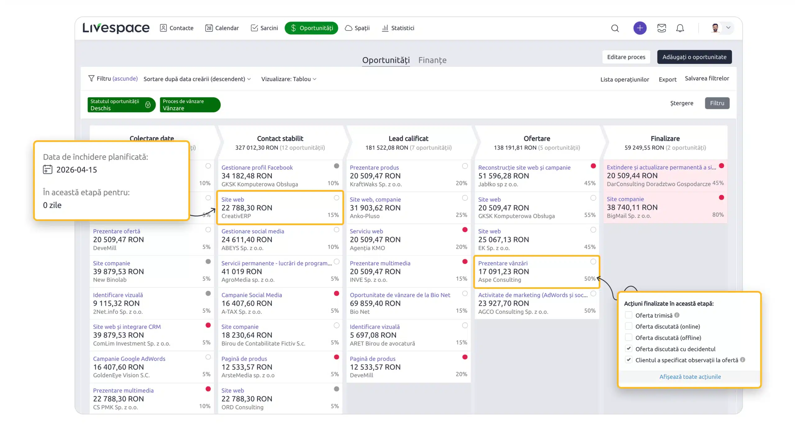 Vizualizarea tabloului Kanban în sistemul Livespace CRM, prezentând etapele pipeline-ului de vânzări și funcții unice: data planificată de finalizare și lista de sarcini necesare pentru trecerea la etapa următoare.