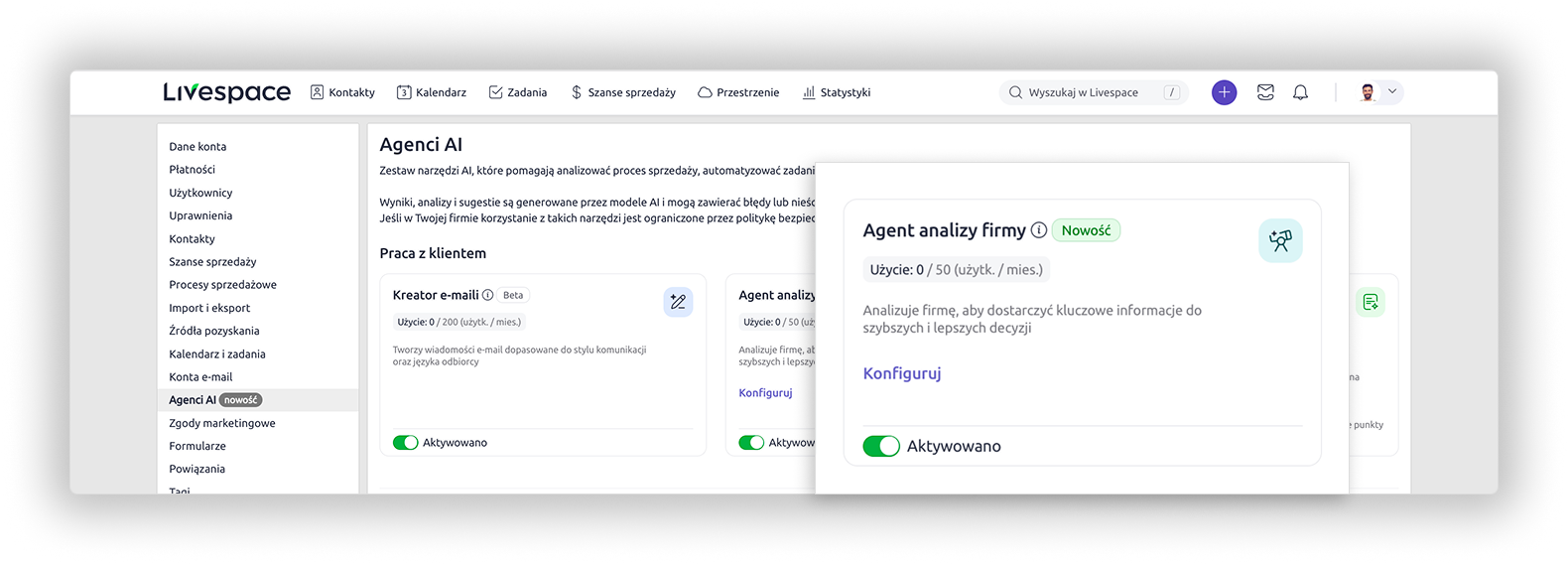 Agent analizy firmy; panel Agenci AI w Ustawieniach konta Livespace