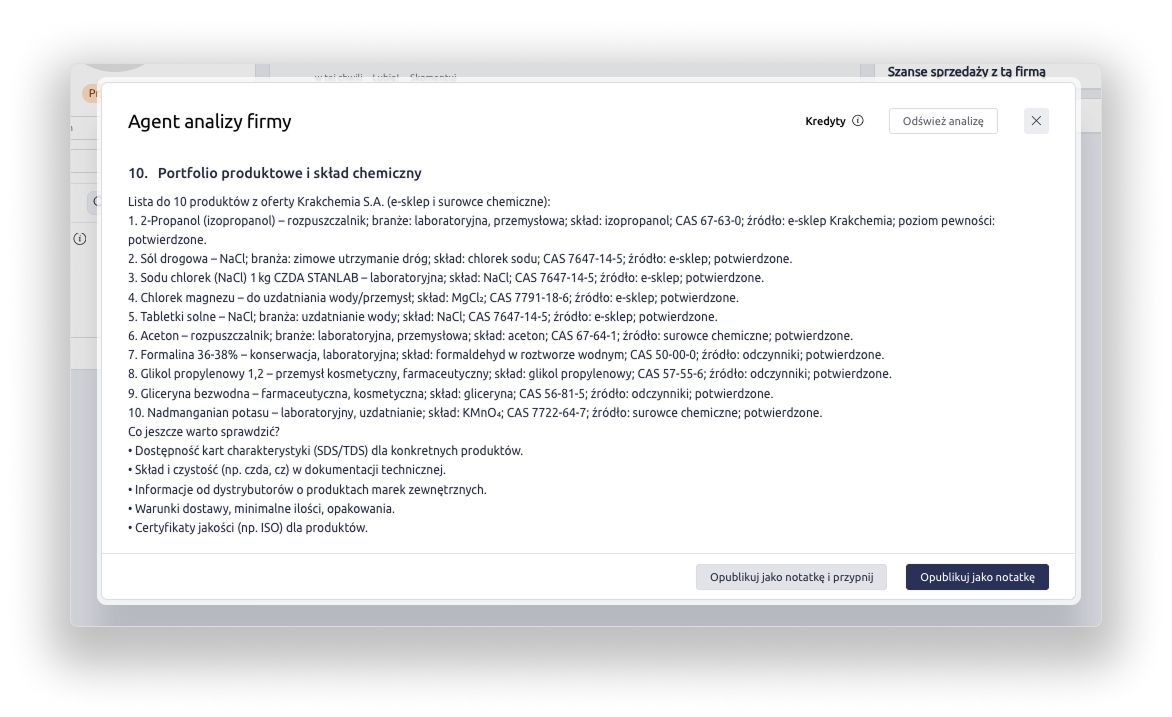 Agent analizy firmy; przykładowy wynik własnej sekcji o portfolio produktowym