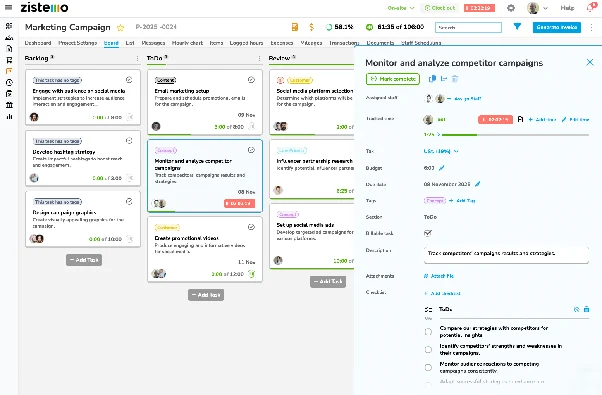 Zistemo – tablica projektu z zadaniami w kolumnach oraz panel szczegółów zadania z budżetem, terminem i listą kroków do wykonania