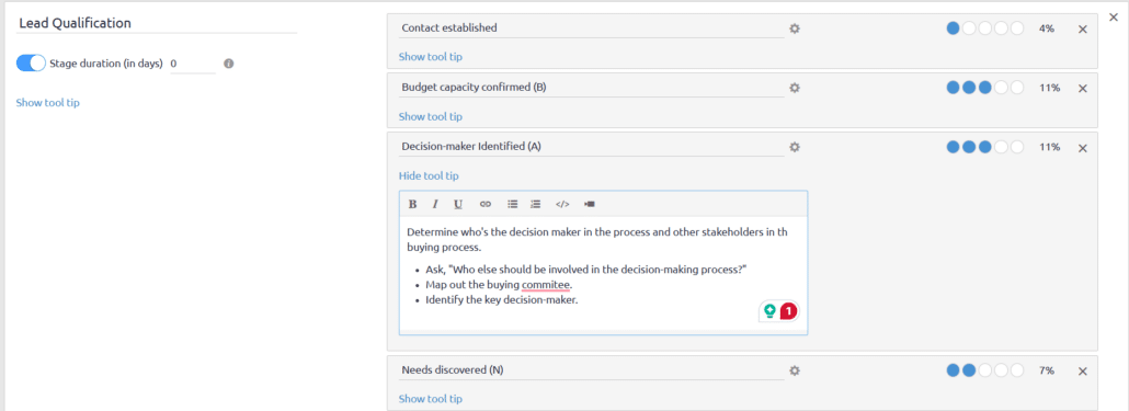 Screenshot of Livespace CRM showing lead qualification editing options